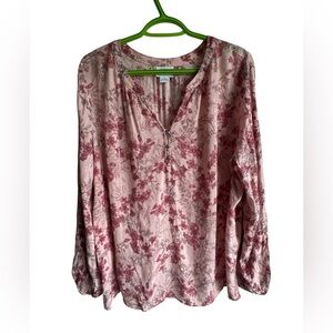 LIZ CLAIBORNE Pink Floral Metallic Peasant V-Neck Sheer Long Sleeve XL Blouse
